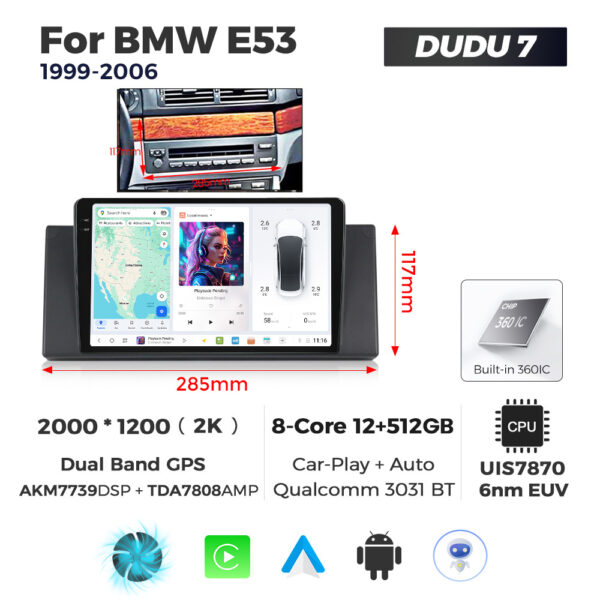 Navigatie Dedicata BMW X5 E53 1999-2006 DUDU7 9" 12GB RAM, 512GB ROM, Octacore, Ecran 2K, CarPlay&AndroidAuto, Android