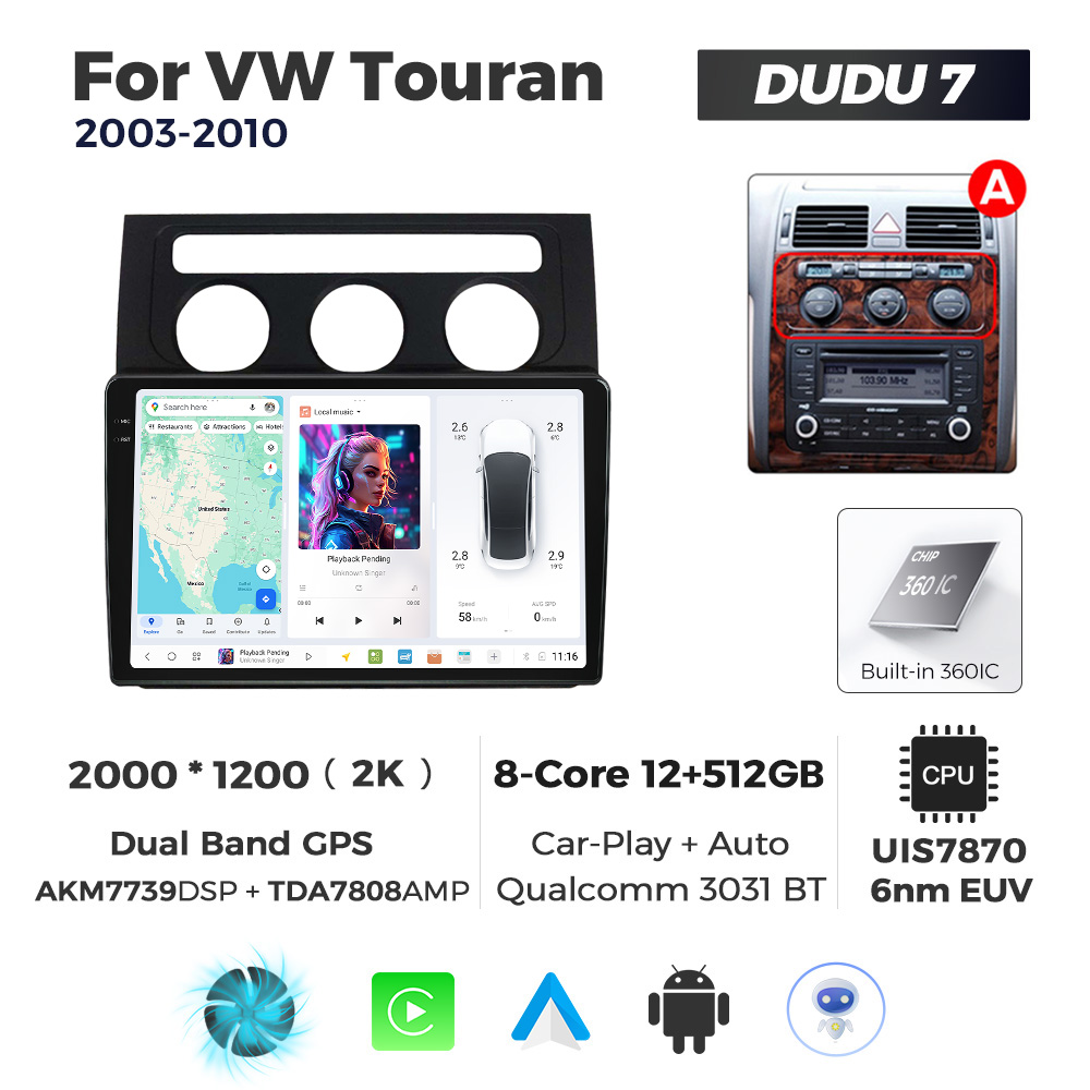 Navigatie Dedicata Volkswagen Touran 2003-2010 Negru DUDU7 10" 12GB RAM, 512GB ROM, Octacore, Ecran 2K, CarPlay&AndroidAuto, Android - imagine 1