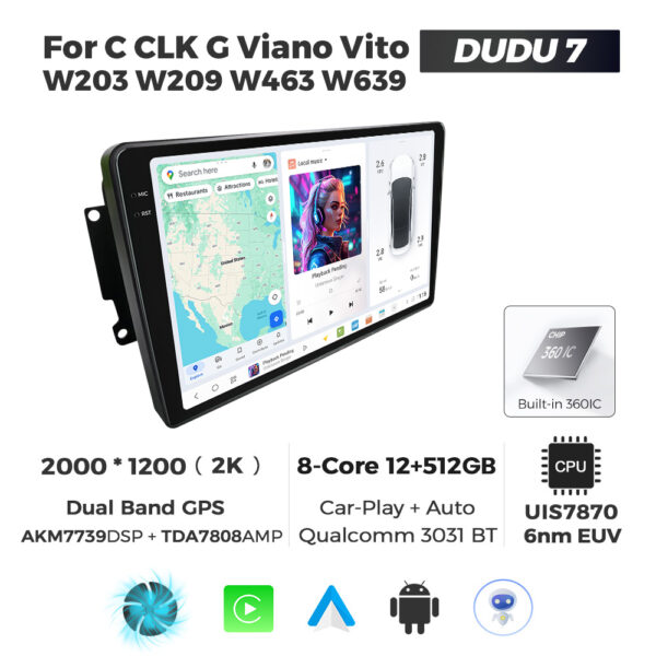 Navigatie Dedicata Benz C CLK G Viano Vito W203 W209 W463 W639 DUDU7 9" 12GB RAM, 512GB ROM, Octacore, Ecran 2K, CarPlay&AndroidAuto, Android