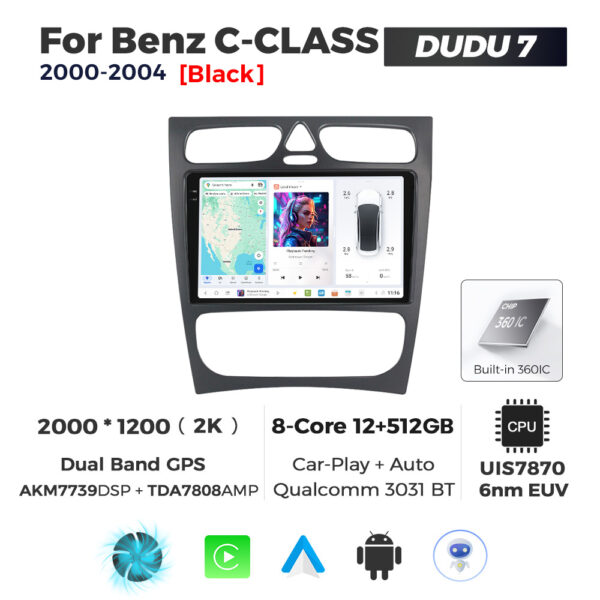 Navigatie Dedicata Benz C-Class 2000-2004 DUDU7 9" 12GB RAM, 512GB ROM, Octacore, Ecran 2K, CarPlay&AndroidAuto, Android