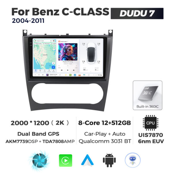 Navigatie Dedicata Benz C-Class 2004-2011 DUDU7 9" 12GB RAM, 512GB ROM, Octacore, Ecran 2K, CarPlay&AndroidAuto, Android