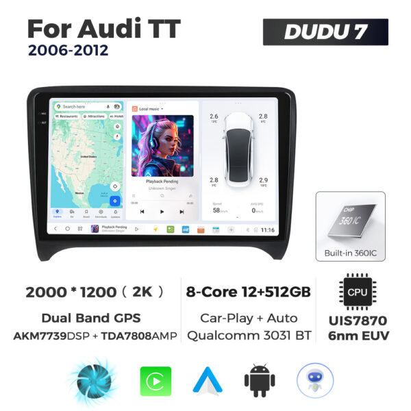 Navigatie Dedicata Audi TT 2006-2012 DUDU7 9" 12GB RAM, 512GB ROM, Octacore, Ecran 2K, CarPlay&AndroidAuto, Android