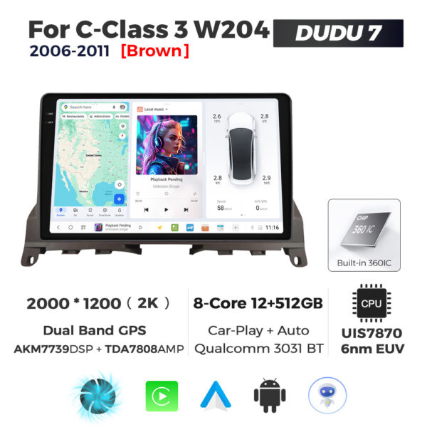 Navigatie Dedicata Benz C-Class 3 W204 2006-2011 DUDU7 9" 12GB RAM, 512GB ROM, Octacore, Ecran 2K, CarPlay&AndroidAuto, Android