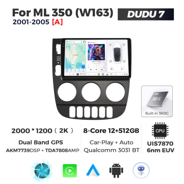 Navigatie Dedicata Benz ML 350 (W163) 2001-2005 DUDU7 9" 12GB RAM, 512GB ROM, Octacore, Ecran 2K, CarPlay&AndroidAuto, Android