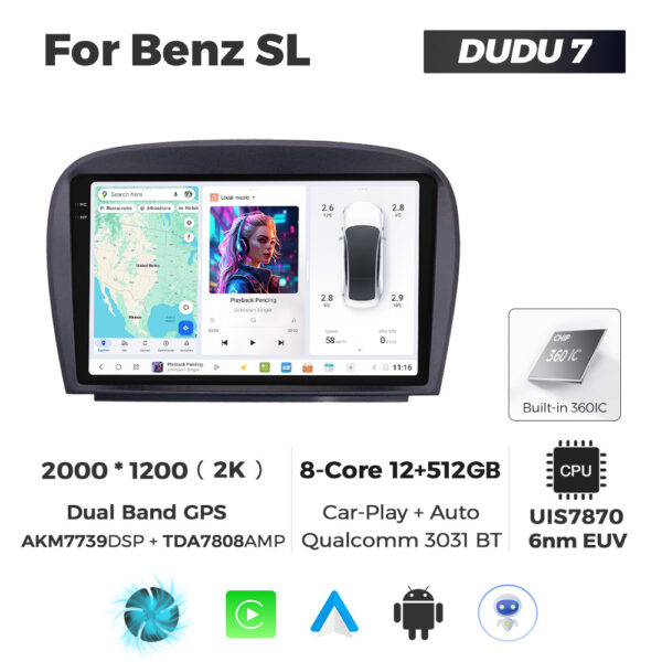 Navigatie Dedicata Benz SL DUDU7 9" 12GB RAM, 512GB ROM, Octacore, Ecran 2K, CarPlay&AndroidAuto, Android