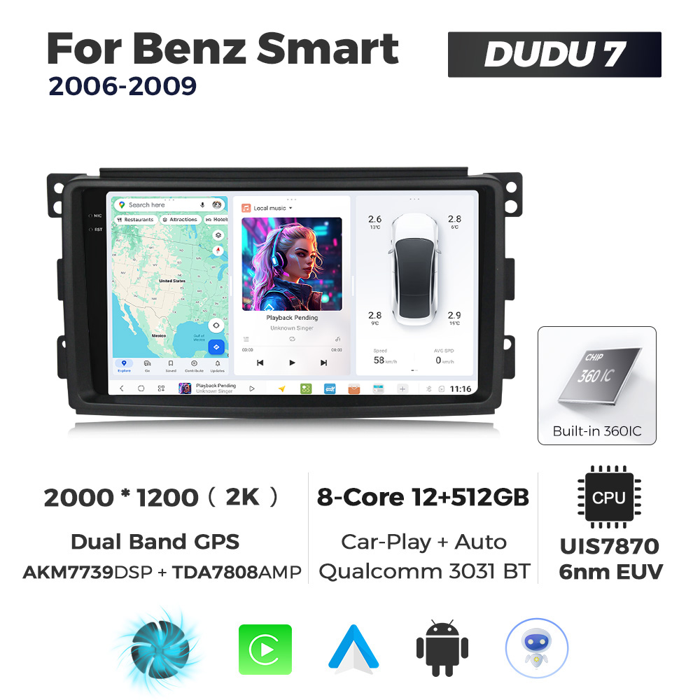 Navigatie Dedicata Benz Smart 2006-2009 DUDU7 9" 12GB RAM, 512GB ROM, Octacore, Ecran 2K, CarPlay&AndroidAuto, Android - imagine 1