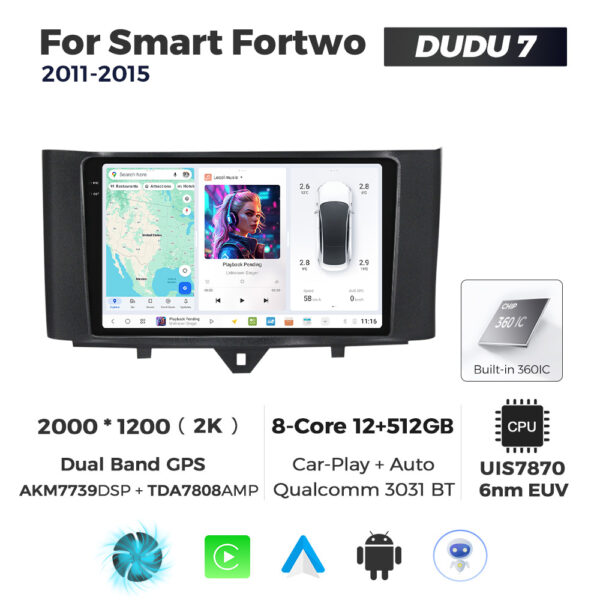 Navigatie Dedicata Benz Smart Fortwo 2011-2015 DUDU7 9" 12GB RAM, 512GB ROM, Octacore, Ecran 2K, CarPlay&AndroidAuto, Android