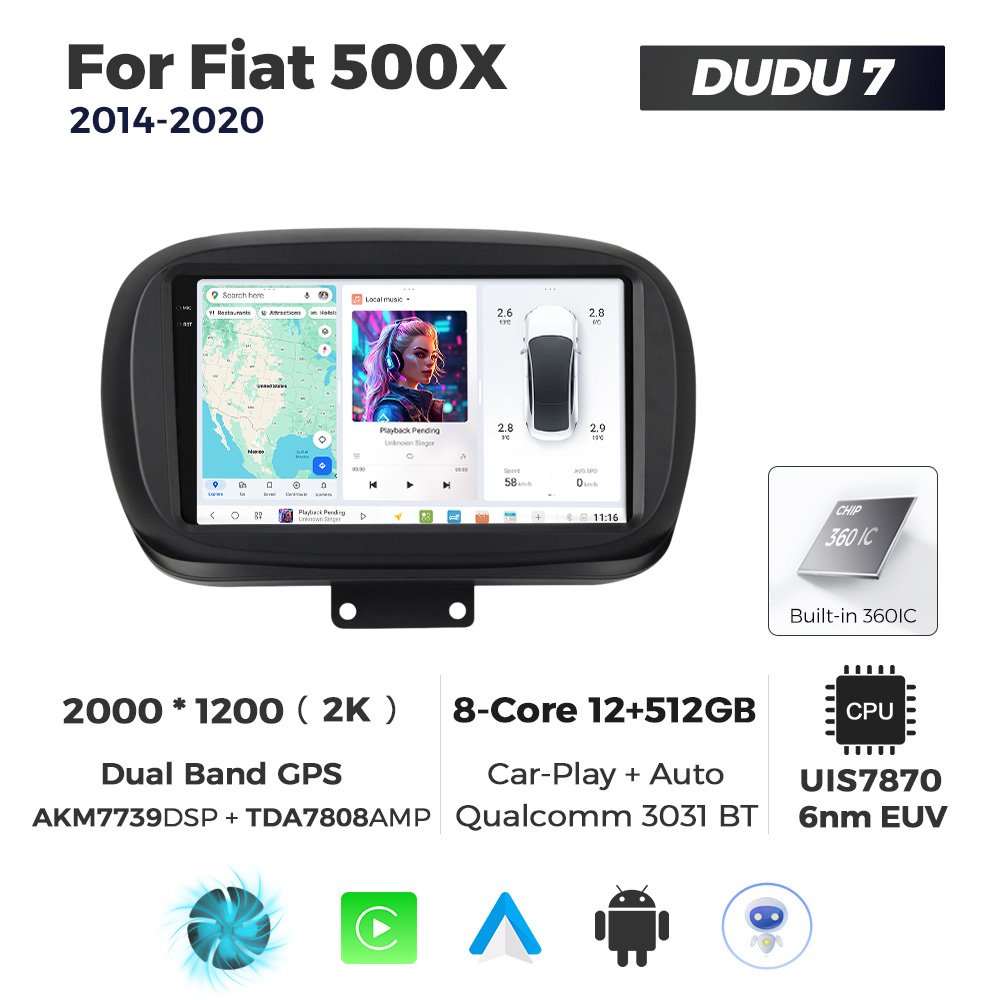 Navigatie Dedicata Fiat 500X 2014-2020 DUDU7 9" 12GB RAM, 512GB ROM, Octacore, Ecran 2K, CarPlay&AndroidAuto, Android - imagine 1