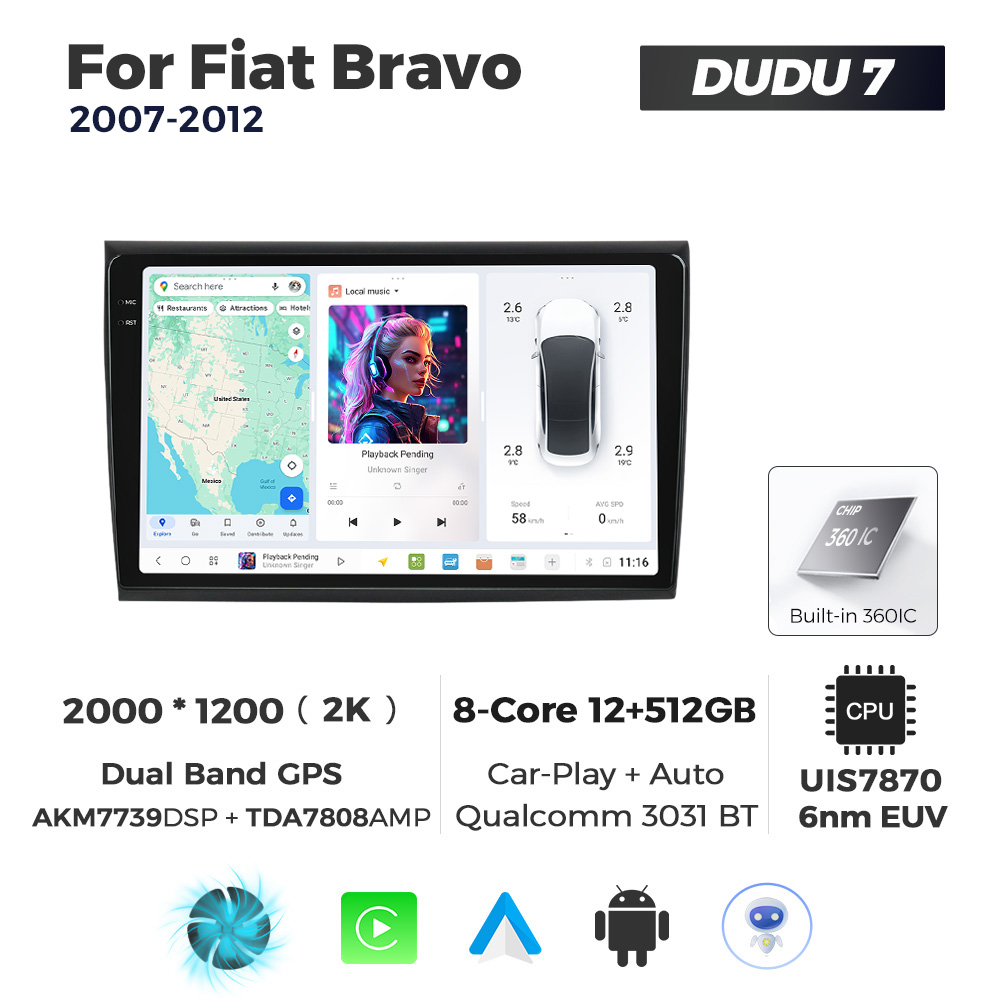 Navigatie Dedicata Fiat Bravo 2007-2012 DUDU7 9" 12GB RAM, 512GB ROM, Octacore, Ecran 2K, CarPlay&AndroidAuto, Android - imagine 1