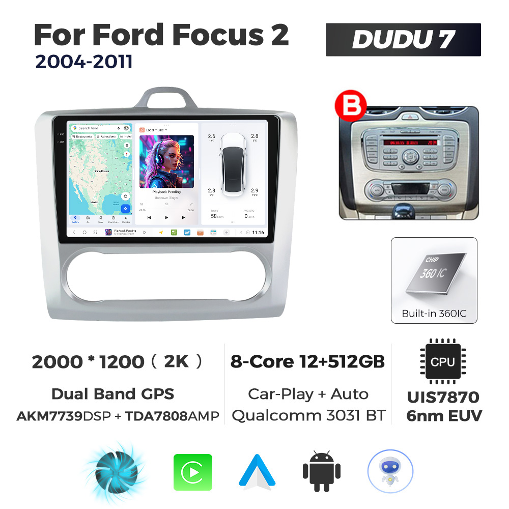 Navigatie Dedicata Ford Focus 2 2004-2011 Clima DUDU7 9" 12GB RAM, 512GB ROM, Octacore, Ecran 2K, CarPlay&AndroidAuto, Android - imagine 1