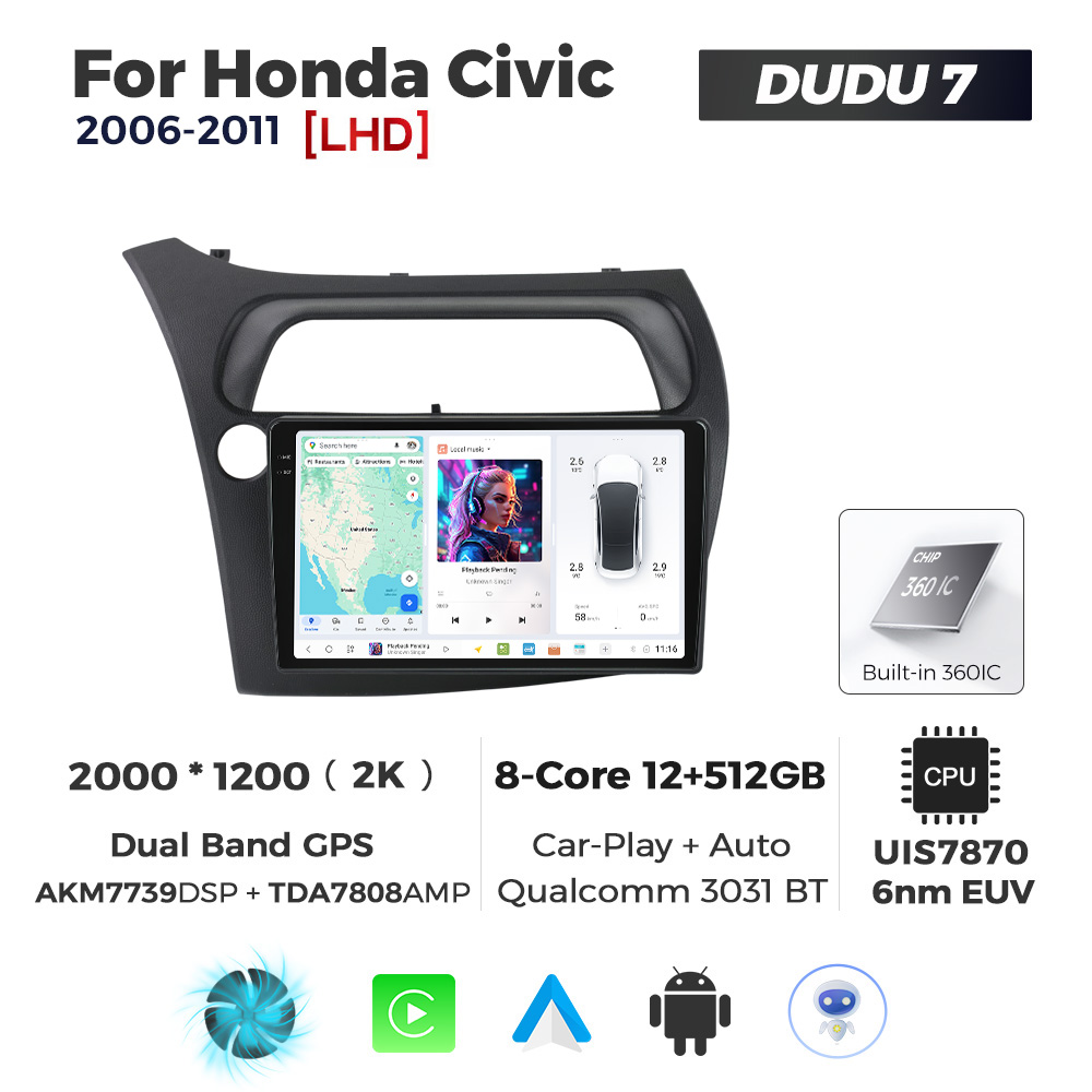Navigatie Dedicata Honda Civic 2006-2011 DUDU7 9" 12GB RAM, 512GB ROM, Octacore, Ecran 2K, CarPlay&AndroidAuto, Android - imagine 1