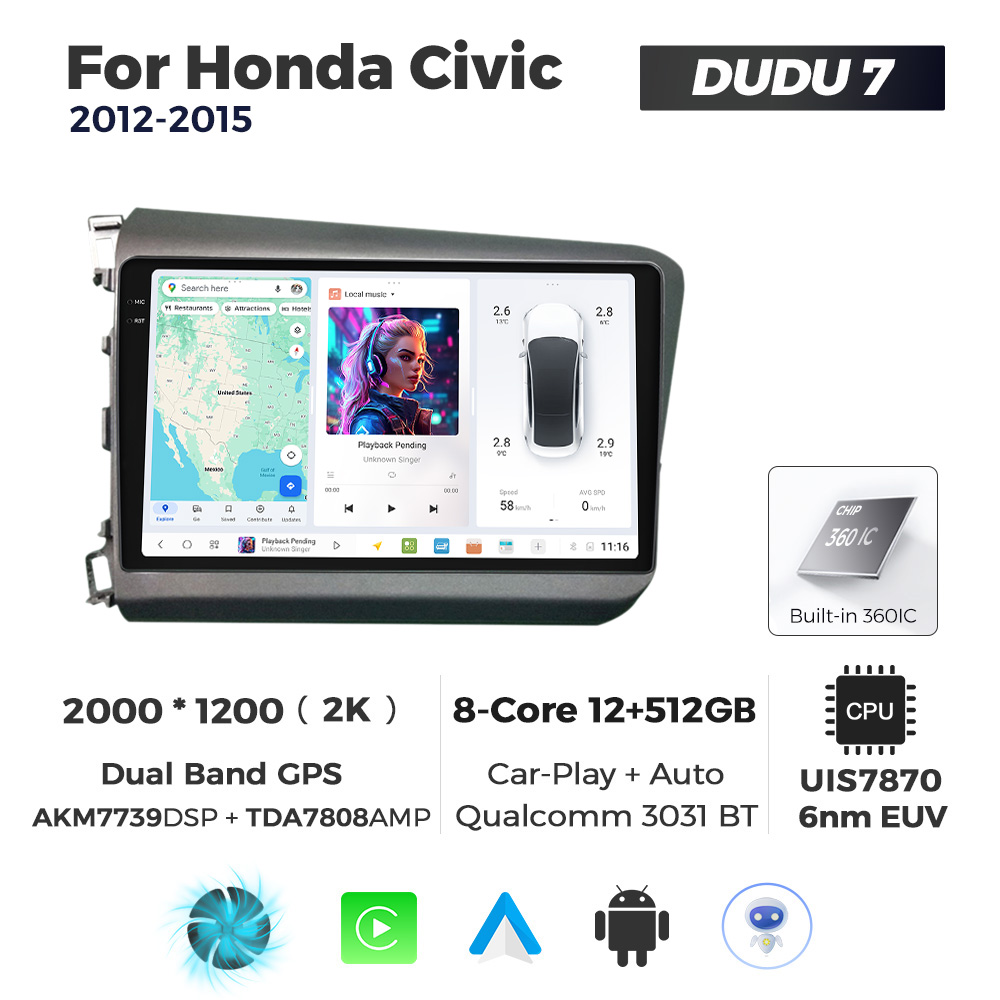 Navigatie Dedicata Honda Civic 2012-2015 DUDU7 9" 12GB RAM, 512GB ROM, Octacore, Ecran 2K, CarPlay&AndroidAuto, Android - imagine 1