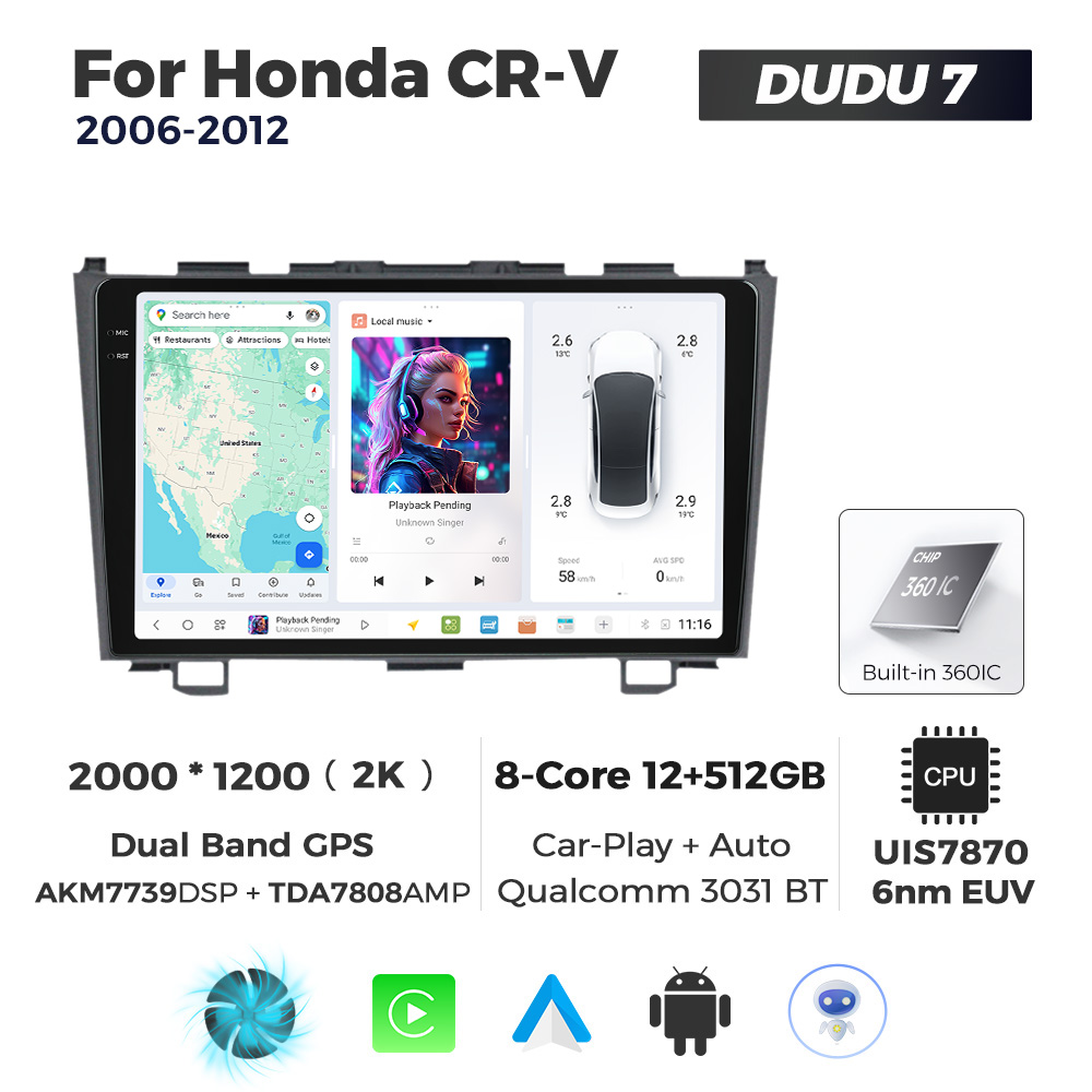 Navigatie Dedicata Honda CRV 2006-2012 DUDU7 9" 12GB RAM, 512GB ROM, Octacore, Ecran 2K, CarPlay&AndroidAuto, Android - imagine 1