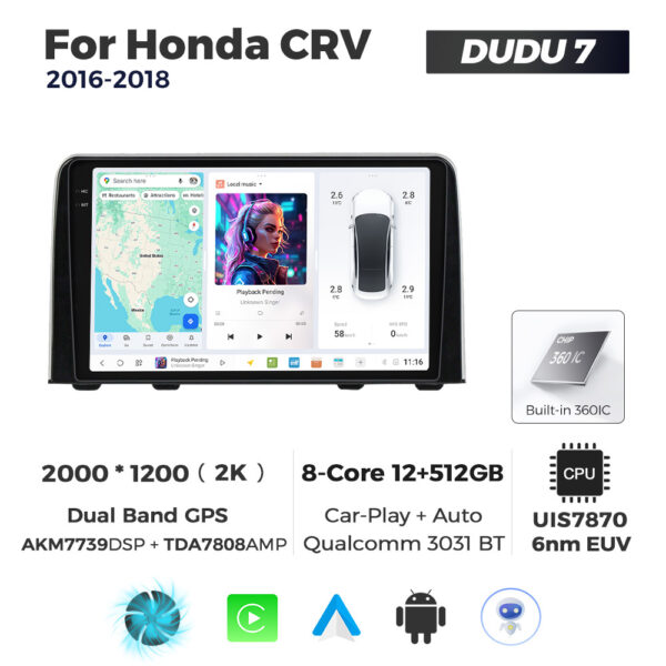 Navigatie Dedicata Honda CRV 2016-2018 DUDU7 9" 12GB RAM, 512GB ROM, Octacore, Ecran 2K, CarPlay&AndroidAuto, Android