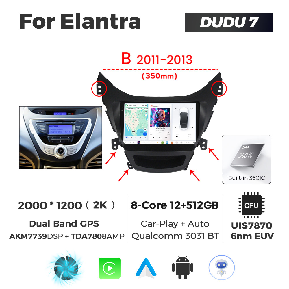 Navigatie Dedicata Hyundai Elantra 2011-2013 B DUDU7 9" 12GB RAM, 512GB ROM, Octacore, Ecran 2K, CarPlay&AndroidAuto, Android - imagine 1