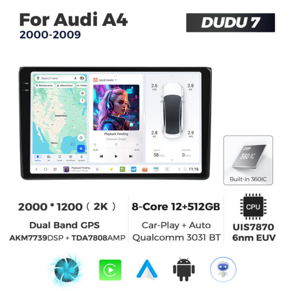 Navigatie Dedicata Audi A4 2000-2009 DUDU7 9" 12GB RAM, 512GB ROM, Octacore, Ecran 2K, CarPlay&AndroidAuto, Android