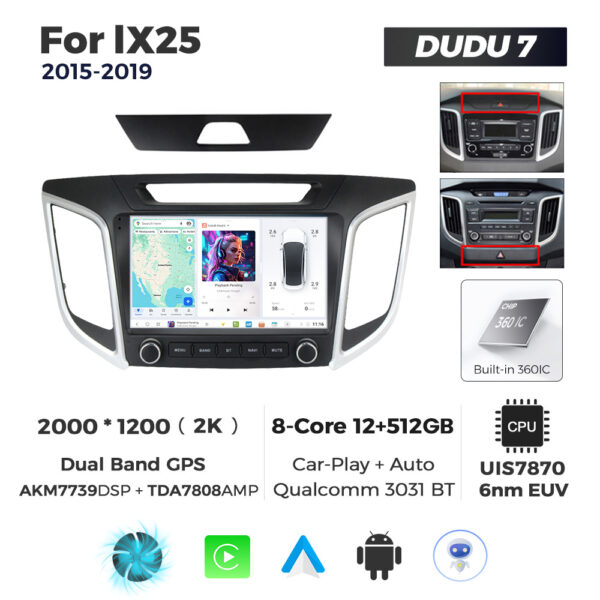 Navigatie Dedicata Hyundai IX25 2015-2019 DUDU7 9" 12GB RAM, 512GB ROM, Octacore, Ecran 2K, CarPlay&AndroidAuto, Android