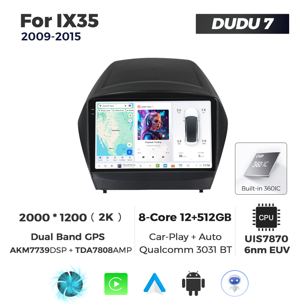 Navigatie Dedicata Hyundai IX35 2009-2015 DUDU7 9" 12GB RAM, 512GB ROM, Octacore, Ecran 2K, CarPlay&AndroidAuto, Android - imagine 1
