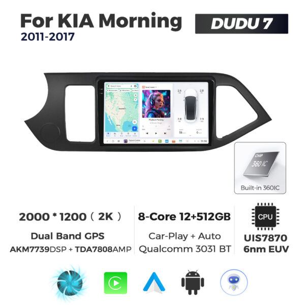 Navigatie Dedicata Kia Morning 2011-2017 DUDU7 9" 12GB RAM, 512GB ROM, Octacore, Ecran 2K, CarPlay&AndroidAuto, Android