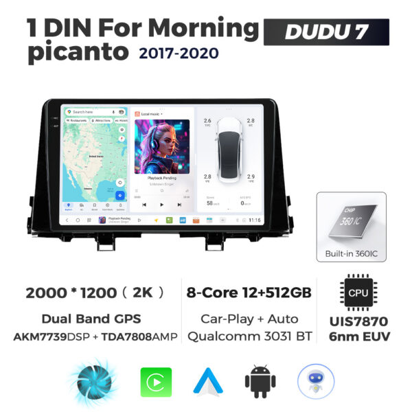 Navigatie Dedicata Kia Morning Picanto 2017-2020 DUDU7 9" 12GB RAM, 512GB ROM, Octacore, Ecran 2K, CarPlay&AndroidAuto, Android
