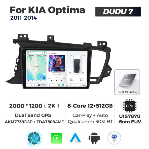 Navigatie Dedicata Kia Optima 2011-2014 DUDU7 9" 12GB RAM, 512GB ROM, Octacore, Ecran 2K, CarPlay&AndroidAuto, Android