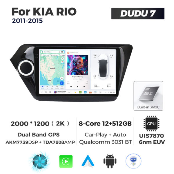 Navigatie Dedicata Kia Rio 2011-2015 DUDU7 9" 12GB RAM, 512GB ROM, Octacore, Ecran 2K, CarPlay&AndroidAuto, Android