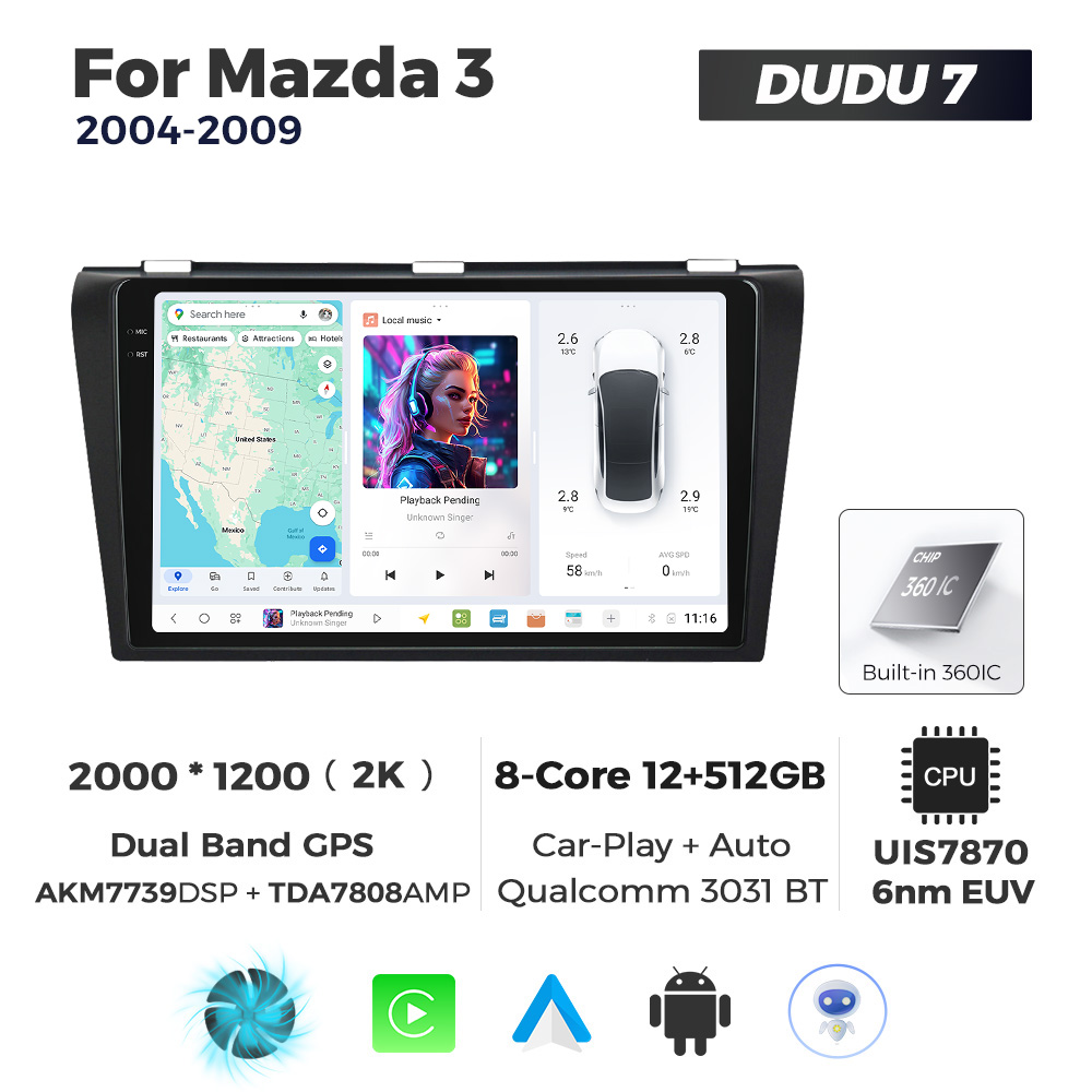 Navigatie Dedicata Mazda 3 2004-2009 DUDU7 9" 12GB RAM, 512GB ROM, Octacore, Ecran 2K, CarPlay&AndroidAuto, Android - imagine 1