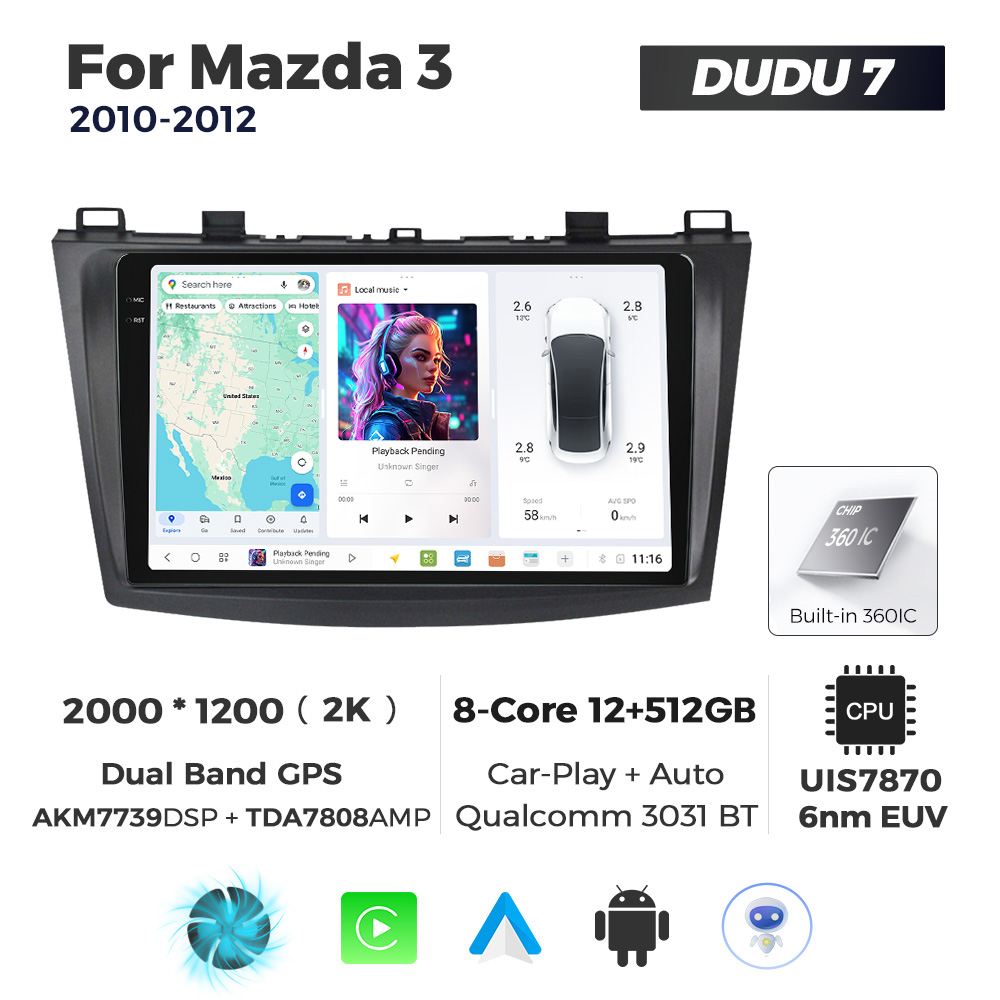 Navigatie Dedicata Mazda 3 2010-2012 DUDU7 9" 12GB RAM, 512GB ROM, Octacore, Ecran 2K, CarPlay&AndroidAuto, Android - imagine 1