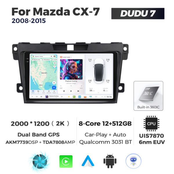 Navigatie Dedicata Mazda CX-7 2008-2015 DUDU7 9" 12GB RAM, 512GB ROM, Octacore, Ecran 2K, CarPlay&AndroidAuto, Android