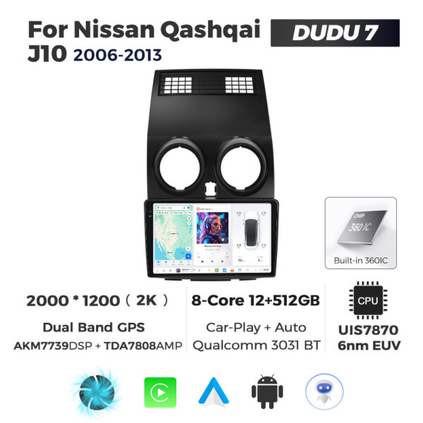 Navigatie Dedicata Nissan Qashqai J10 2006-2013 DUDU7 9" 12GB RAM, 512GB ROM, Octacore, Ecran 2K, CarPlay&AndroidAuto, Android