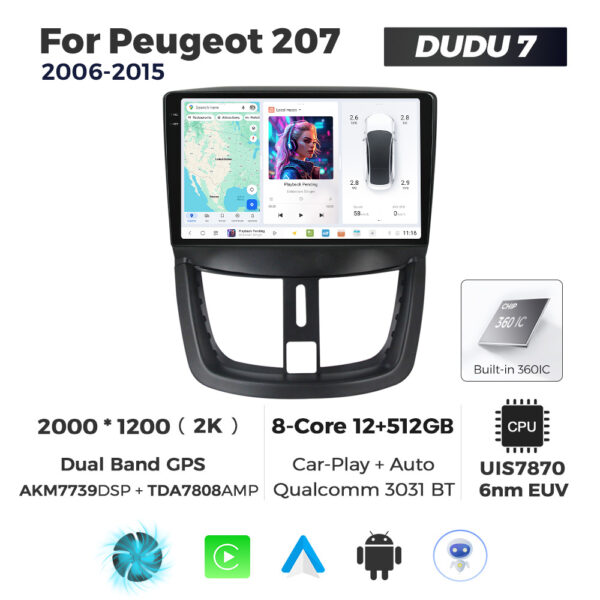 Navigatie Dedicata Peugeot 207 2006-2015 DUDU7 9" 12GB RAM, 512GB ROM, Octacore, Ecran 2K, CarPlay&AndroidAuto, Android