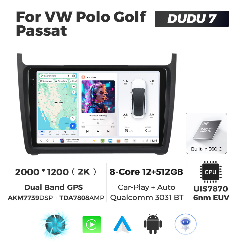 Navigatie Dedicata Volkswagen Polo 2009-2017 DUDU7 9" 12GB RAM, 512GB ROM, Octacore, Ecran 2K, CarPlay&AndroidAuto, Android - imagine 1