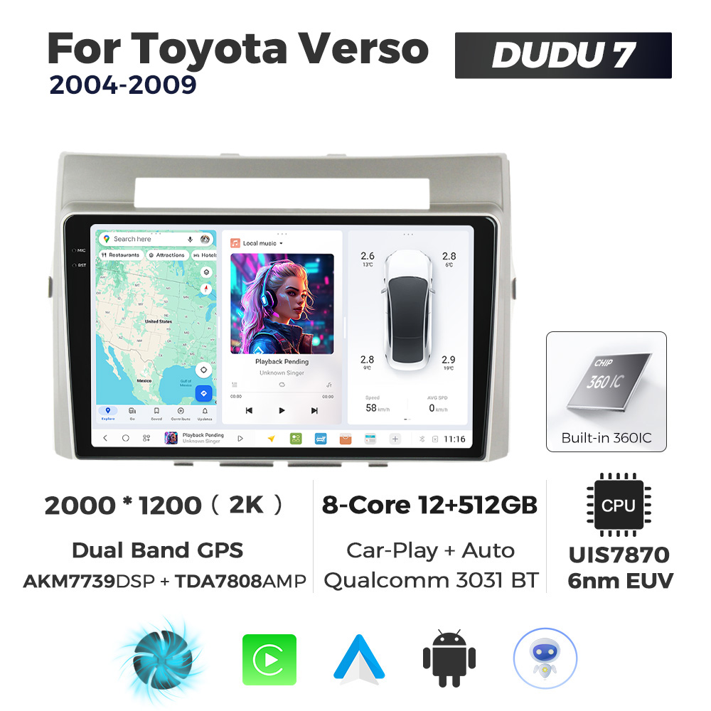 Navigatie Dedicata Toyota Verso 2004-2009 DUDU7 9" 12GB RAM, 512GB ROM, Octacore, Ecran 2K, CarPlay&AndroidAuto, Android - imagine 1
