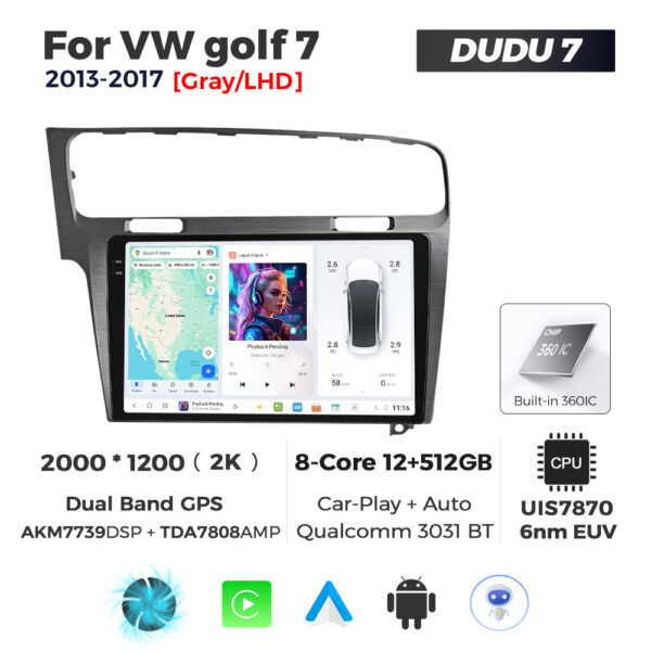 Navigatie Dedicata Volkswagen Golf 7 Gri 2013-2017 DUDU7 9" 12GB RAM, 512GB ROM, Octacore, Ecran 2K, CarPlay&AndroidAuto, Android