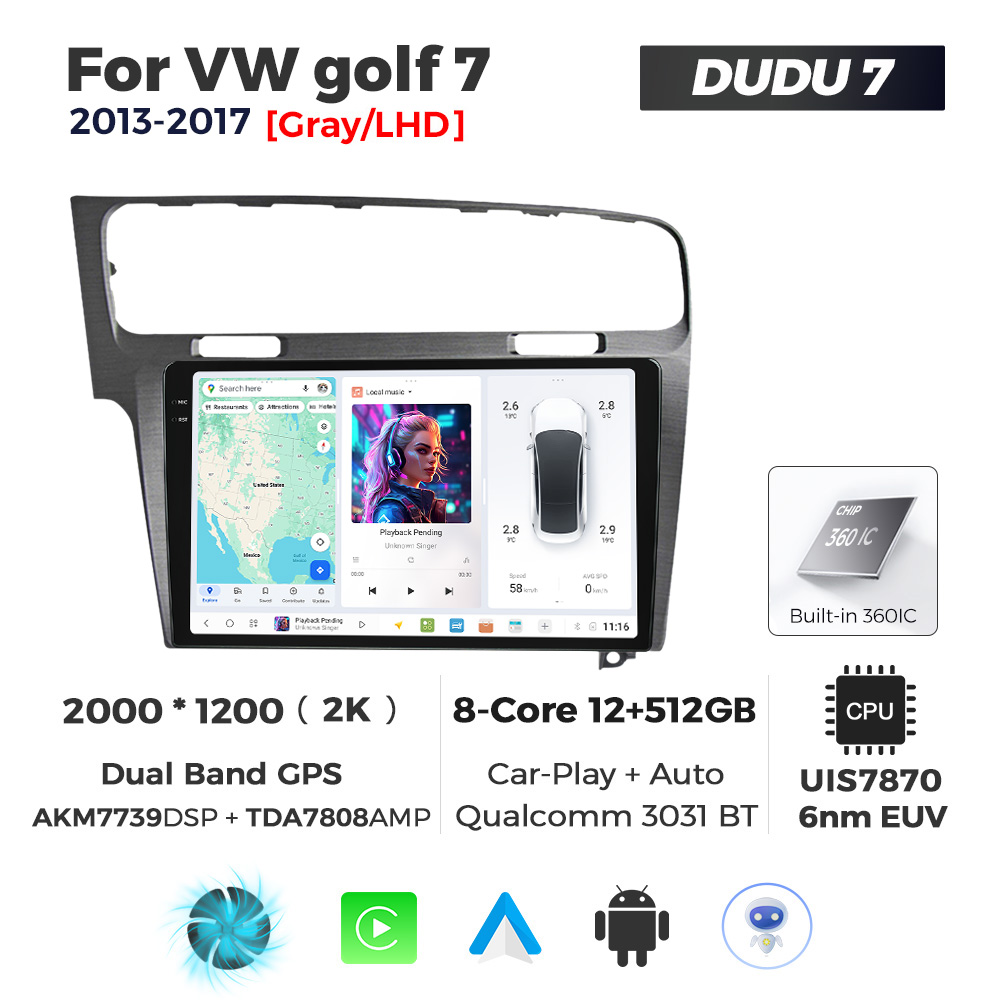 Navigatie Dedicata Volkswagen Golf 7 Gri 2013-2017 DUDU7 9" 12GB RAM, 512GB ROM, Octacore, Ecran 2K, CarPlay&AndroidAuto, Android - imagine 1