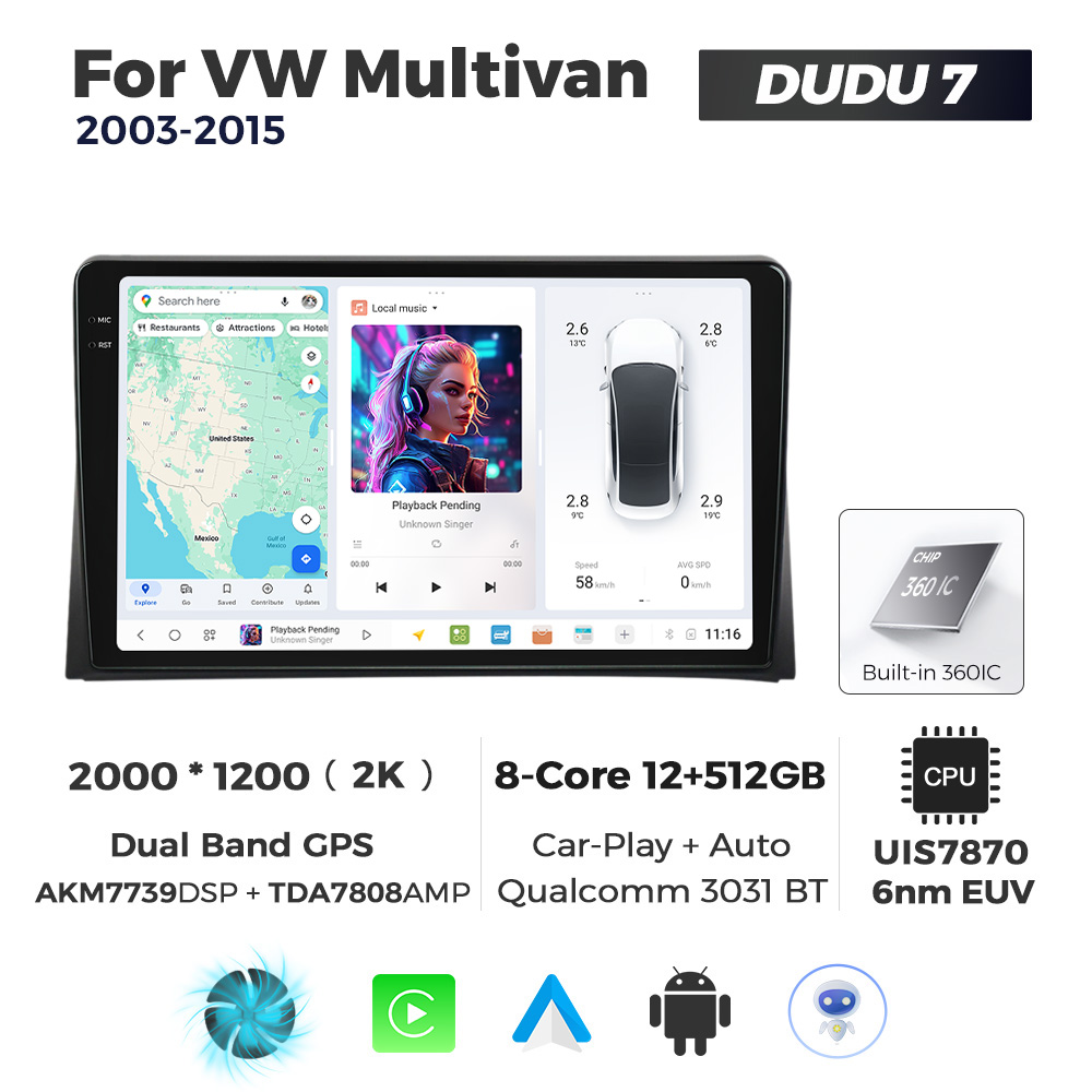 Navigatie Dedicata Volkswagen Multivan 2003-2015 DUDU7 9" 12GB RAM, 512GB ROM, Octacore, Ecran 2K, CarPlay&AndroidAuto, Android - imagine 1