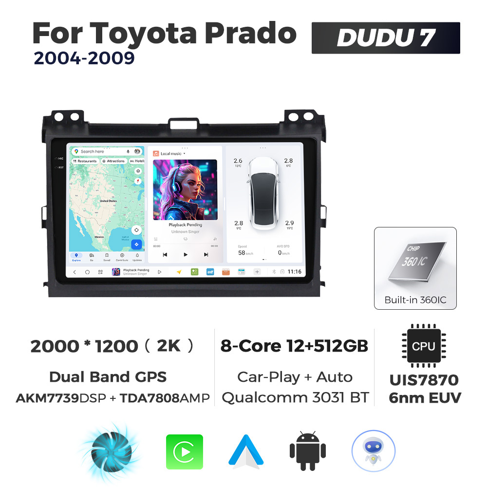 Navigatie Dedicata Toyota Prado 2004-2009 DUDU7 9" 12GB RAM, 512GB ROM, Octacore, Ecran 2K, CarPlay&AndroidAuto, Android - imagine 1