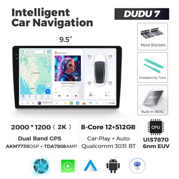Navigatie Universala DUDU7 9" 12GB RAM, 512GB ROM, Octacore, Ecran 2K, CarPlay&AndroidAuto, Android
