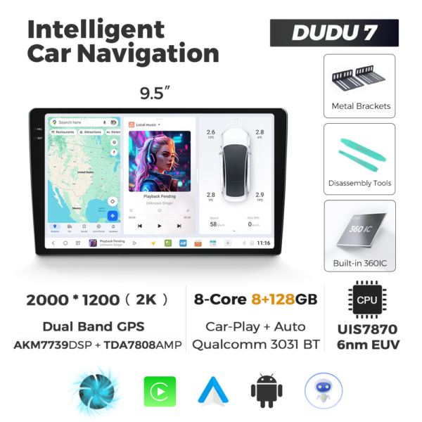 Navigatie Universala DUDU7 9" 8GB RAM, 128GB ROM, Octacore, Ecran 2K, CarPlay&AndroidAuto, Android