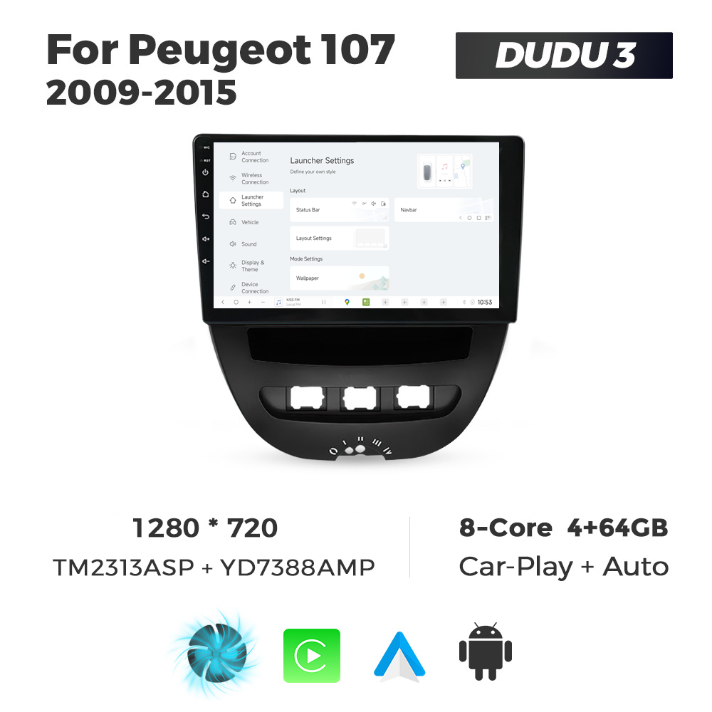 Navigatie Dedicata Peugeot 107 2009-2015 DUDU3 9" 4GB RAM, 64GB ROM, Octacore, Ecran HD, CarPlay&AndroidAuto, Android - imagine 2