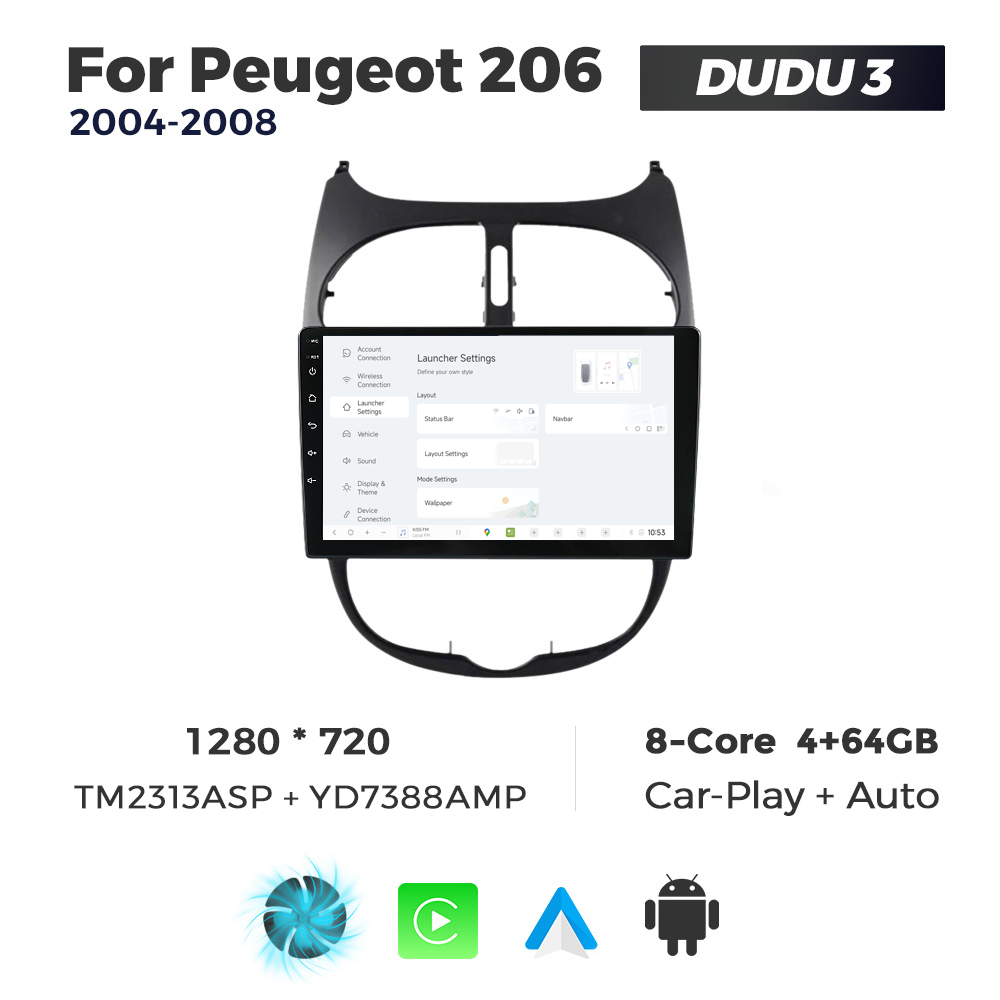 Navigatie Dedicata Peugeot 206 2004-2008 DUDU3 9" 4GB RAM, 64GB ROM, Octacore, Ecran HD, CarPlay&AndroidAuto, Android - imagine 2