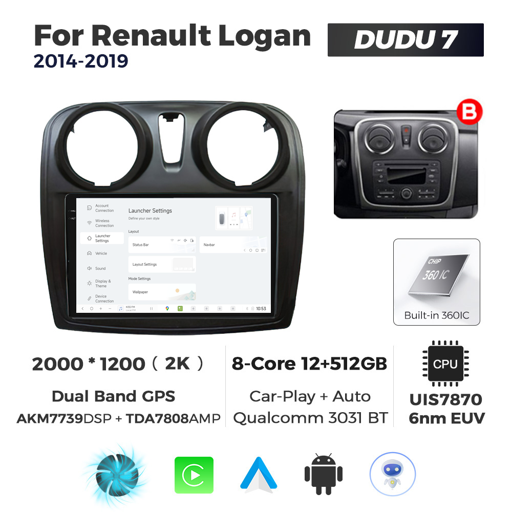 Navigatie Dedicata Renault Logan 2014-2019 Fante Rotunde DUDU7 9" 12GB RAM, 512GB ROM, Octacore, Ecran 2K, CarPlay&AndroidAuto, Android - imagine 2