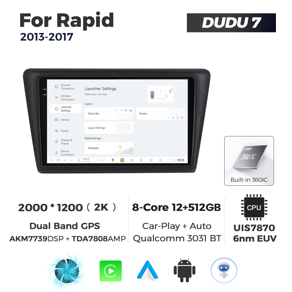 Navigatie Dedicata Skoda Rapid 2013-2017 DUDU7 9" 12GB RAM, 512GB ROM, Octacore, Ecran 2K, CarPlay&AndroidAuto, Android - imagine 2