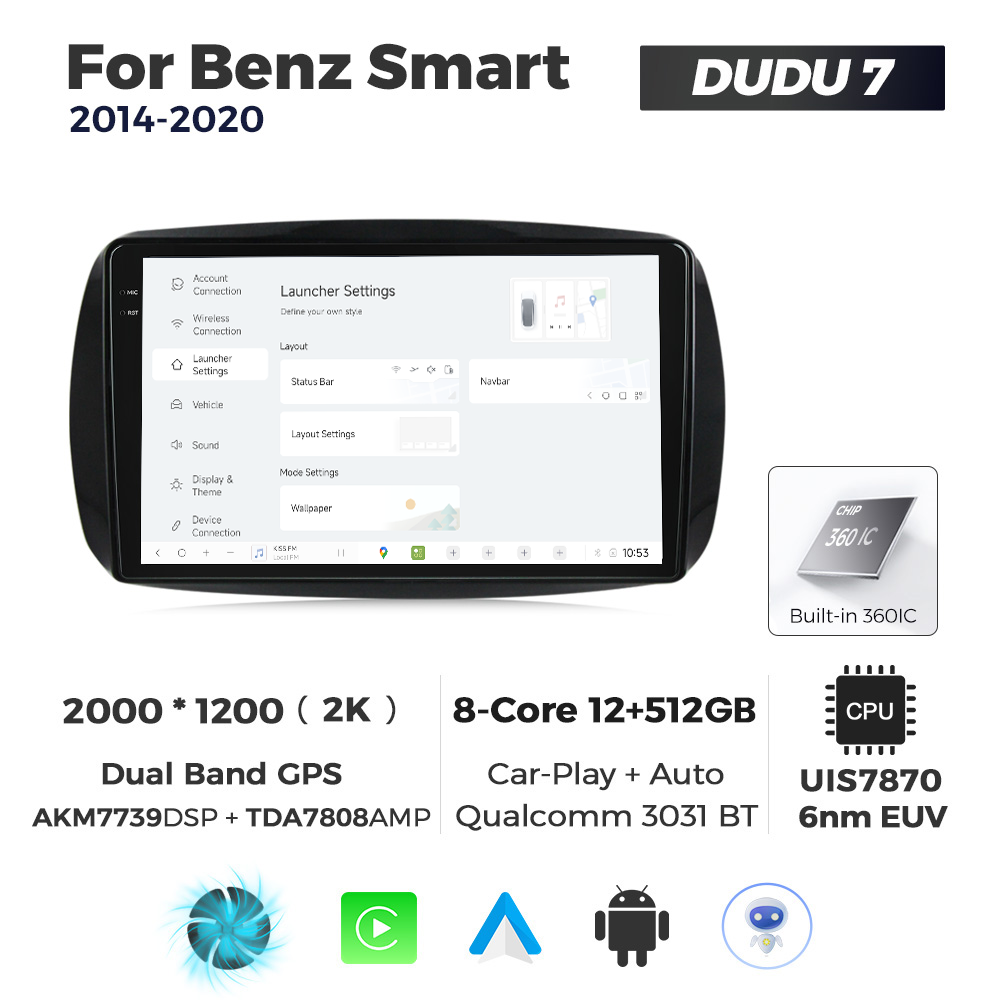 Navigatie Dedicata Benz Smart 2014-2020 DUDU7 9" 12GB RAM, 512GB ROM, Octacore, Ecran 2K, CarPlay&AndroidAuto, Android - imagine 2