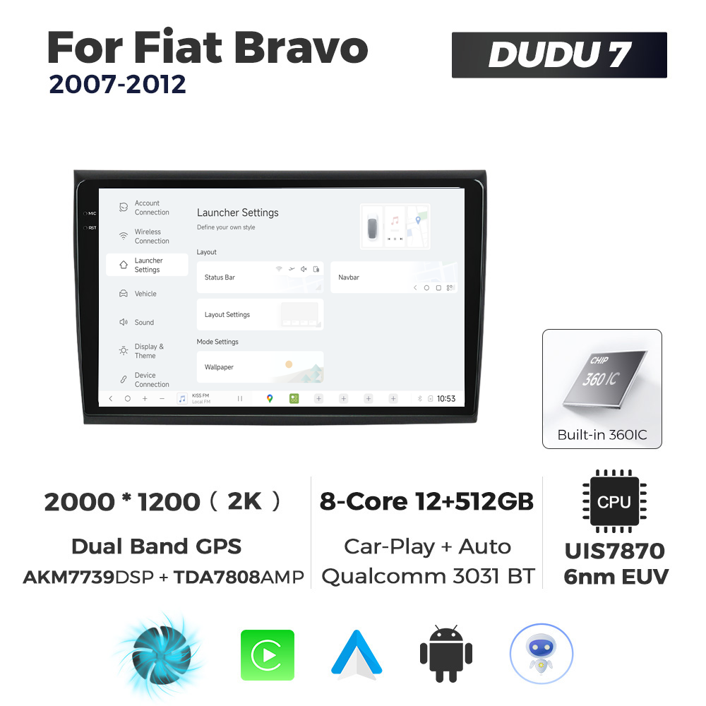 Navigatie Dedicata Fiat Bravo 2007-2012 DUDU7 9" 12GB RAM, 512GB ROM, Octacore, Ecran 2K, CarPlay&AndroidAuto, Android - imagine 2