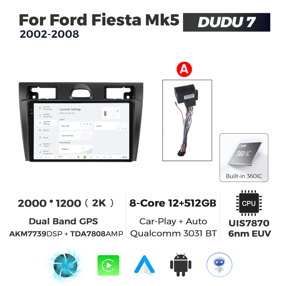 Navigatie Dedicata Ford Fiesta MK5 2002-2008 DUDU7 9" 12GB RAM, 512GB ROM, Octacore, Ecran 2K, CarPlay&AndroidAuto, Android - imagine 2