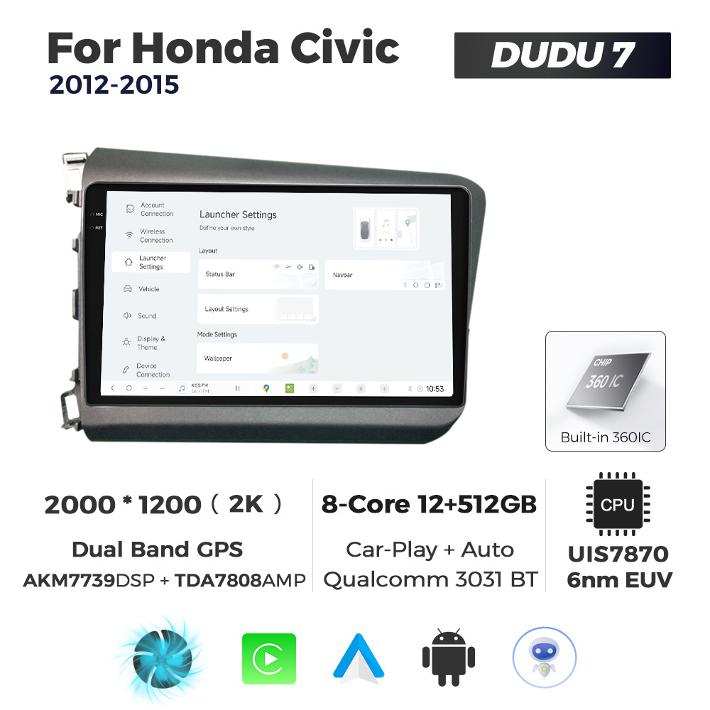 Navigatie Dedicata Honda Civic 2012-2015 DUDU7 9" 12GB RAM, 512GB ROM, Octacore, Ecran 2K, CarPlay&AndroidAuto, Android - imagine 2