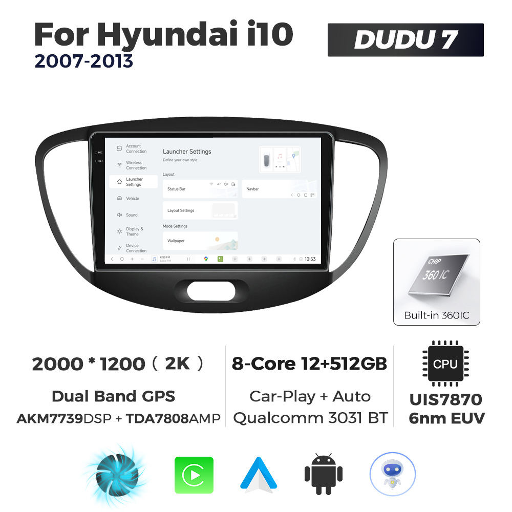 Navigatie Dedicata Hyundai I10 2007-2013 DUDU7 9" 12GB RAM, 512GB ROM, Octacore, Ecran 2K, CarPlay&AndroidAuto, Android - imagine 2