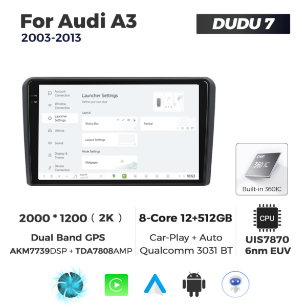 Navigatie Dedicata Audi A3 2003-2013 DUDU7 9" 12GB RAM, 512GB ROM, Octacore, Ecran 2K, CarPlay&AndroidAuto, Android
