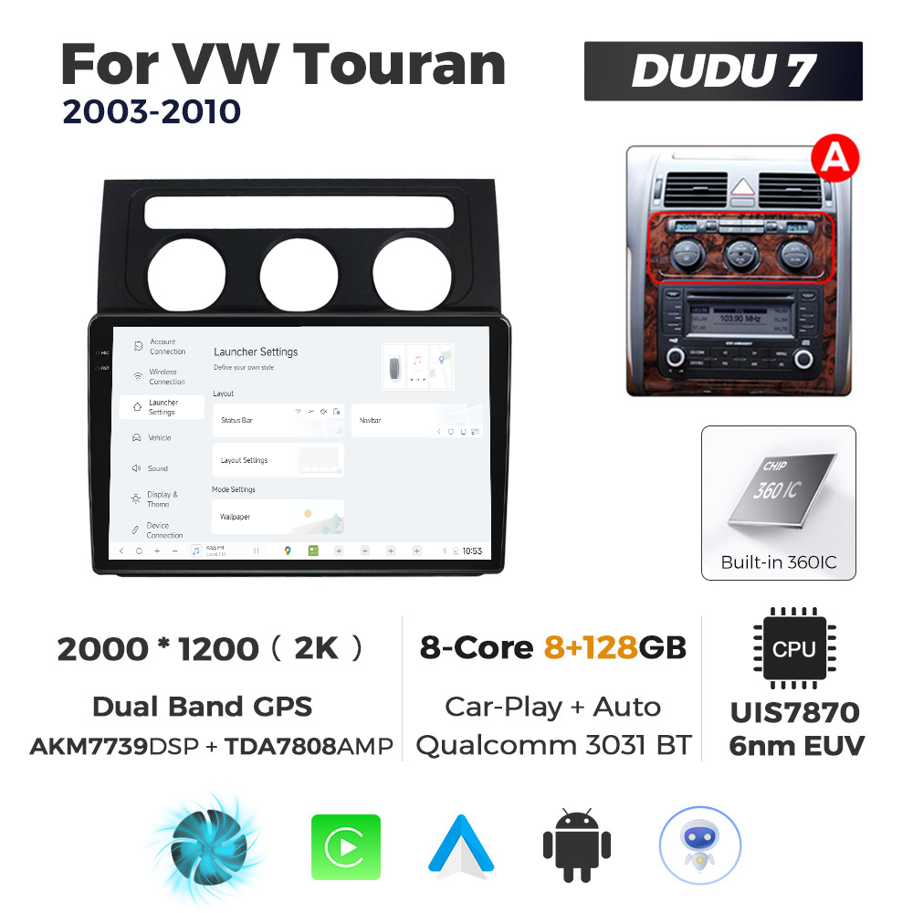 Navigatie Dedicata Volkswagen Touran 2003-2010 Negru DUDU7 10" 8GB RAM, 128GB ROM, Octacore, Ecran 2K, CarPlay&AndroidAuto, Android - imagine 2